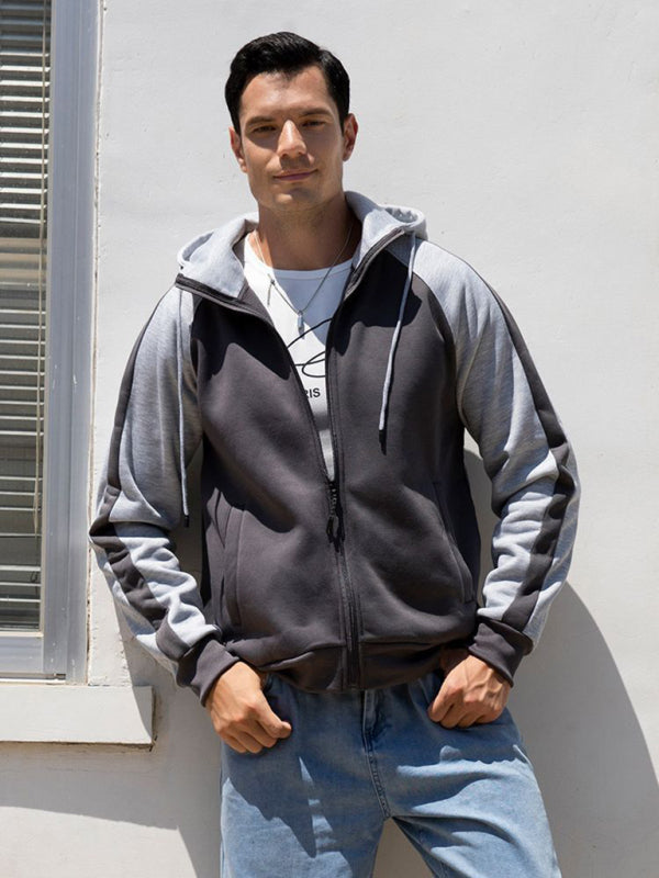 Men’s casual contrasting color zipper cardigan hooded sweatshirt - Grey / S