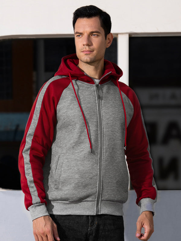 Men’s casual contrasting color zipper cardigan hooded sweatshirt - Wine Red / S