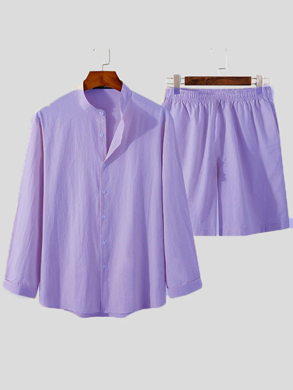 Men’s casual cotton and linen suit home service loose long-sleeved shorts two-piece set - Purple / S