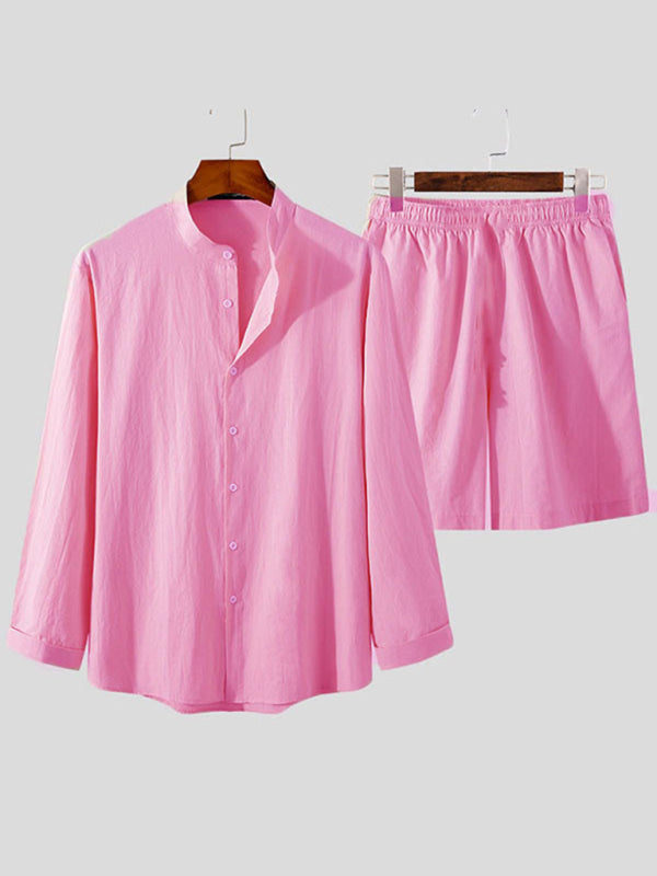 Men’s casual cotton and linen suit home service loose long-sleeved shorts two-piece set - Pink / S