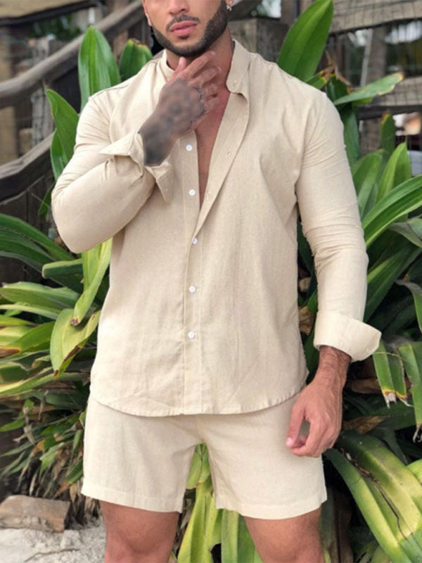 Men’s casual cotton and linen suit home service loose long-sleeved shorts two-piece set - Cream / S