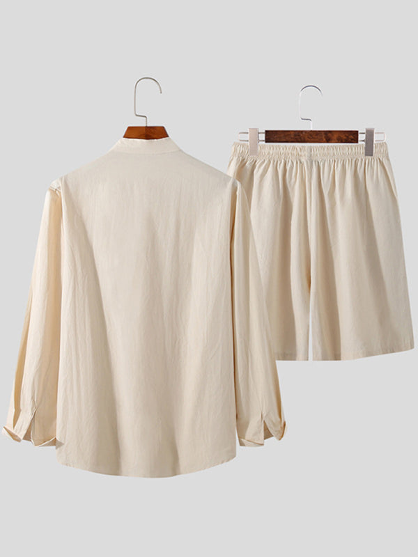 Men’s casual cotton and linen suit home service loose long-sleeved shorts two-piece set