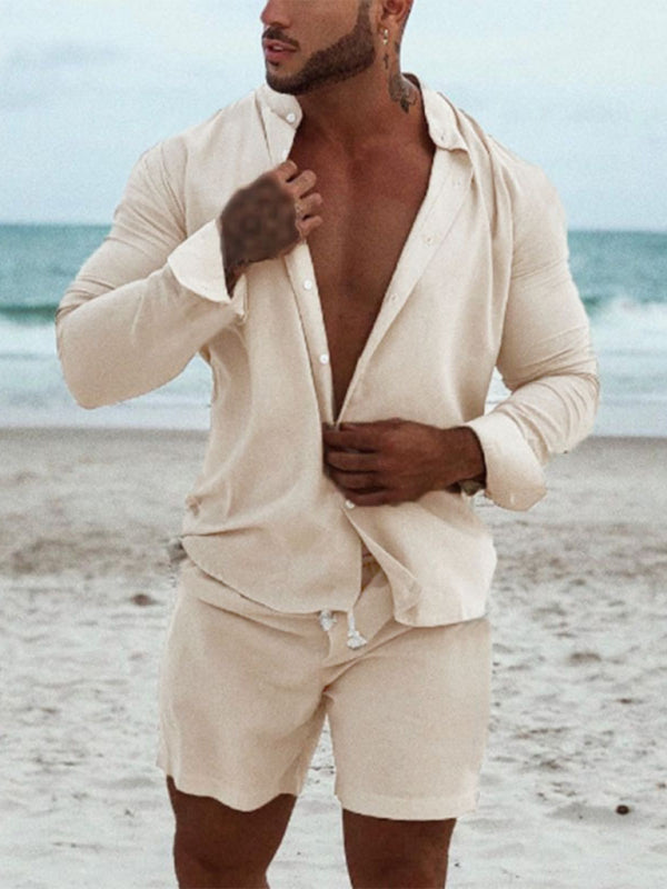 Men’s casual cotton and linen suit home service loose long-sleeved shorts two-piece set
