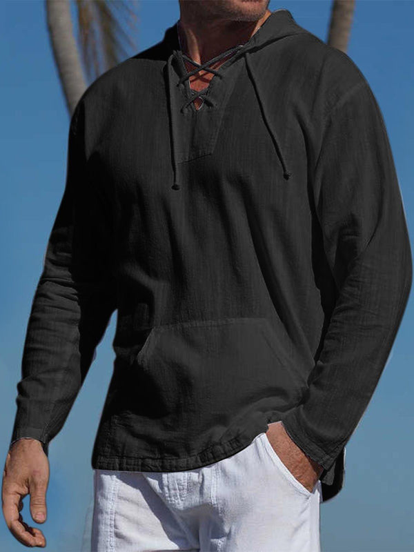 Men’s casual cotton and linen tie hooded long-sleeved shirt - Black / S