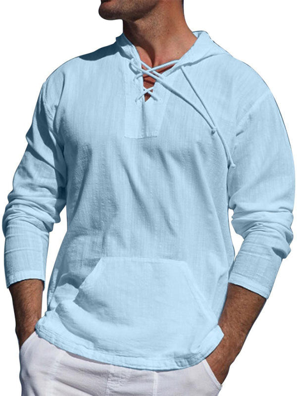 Men’s casual cotton and linen tie hooded long-sleeved shirt - Clear blue / S