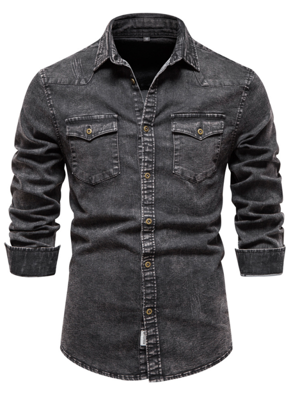 Men’s casual distressed denim long sleeve shirt - Black / S