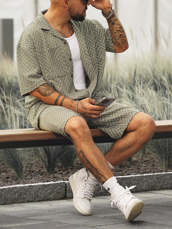 Men’s casual holiday short -sleeved shirt shorts printed set