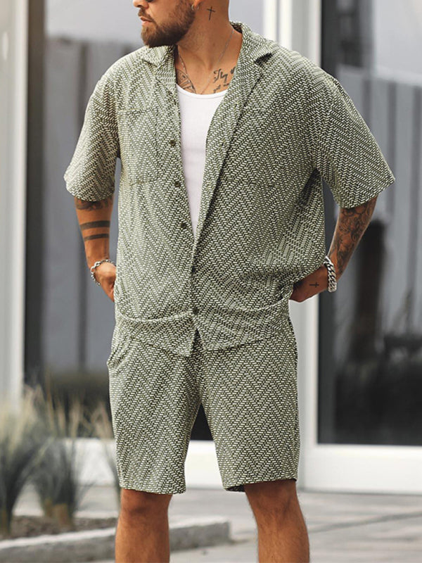 Men’s casual holiday short -sleeved shirt shorts printed set - Grey green / S