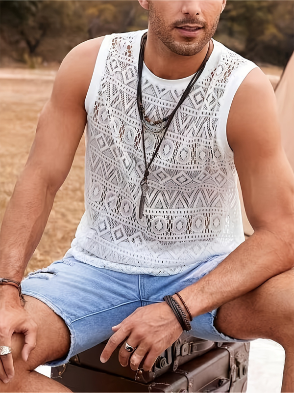 Men’s Casual Hollow Sexy Vest Outdoor Holiday Beach Mesh Lace Breathable Vest
