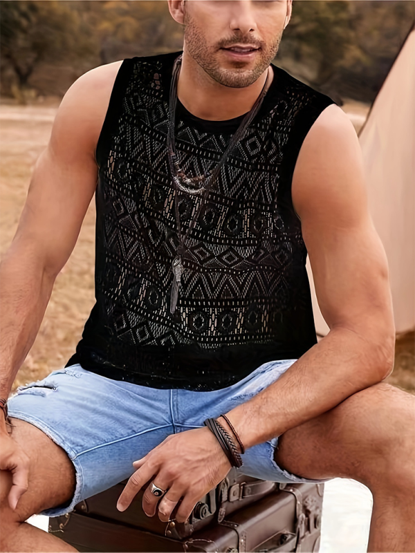 Men’s Casual Hollow Sexy Vest Outdoor Holiday Beach Mesh Lace Breathable Vest - Black / S