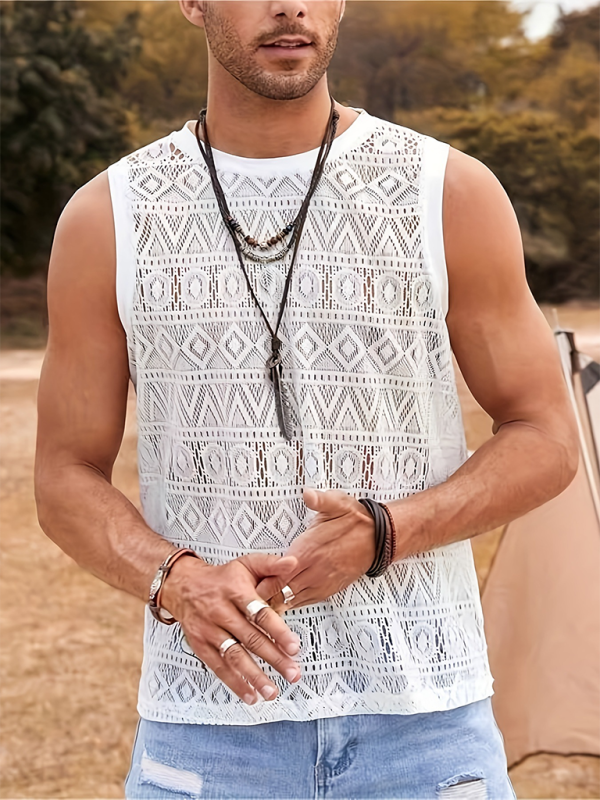 Men’s Casual Hollow Sexy Vest Outdoor Holiday Beach Mesh Lace Breathable Vest - White / S