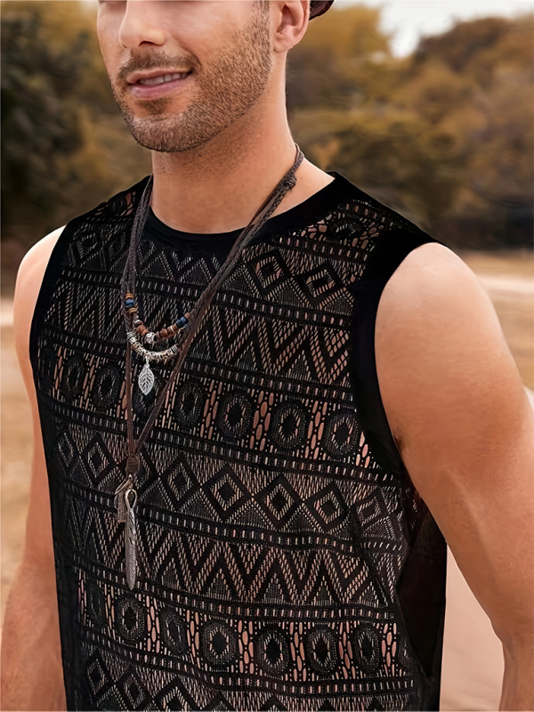 Men’s Casual Hollow Sexy Vest Outdoor Holiday Beach Mesh Lace Breathable Vest