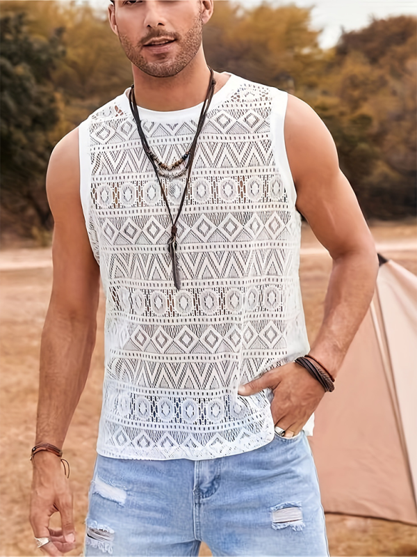 Men’s Casual Hollow Sexy Vest Outdoor Holiday Beach Mesh Lace Breathable Vest