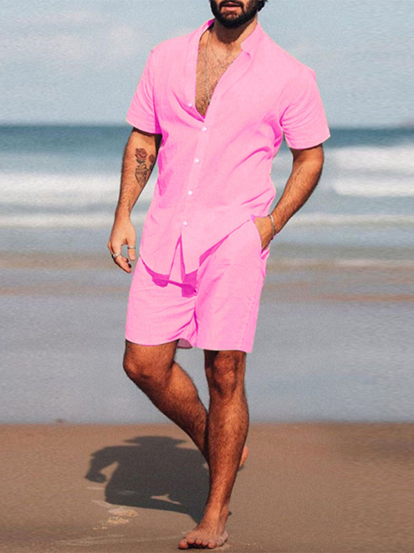Men’s casual home wear loose long-sleeved shorts two-piece set - Pink / S