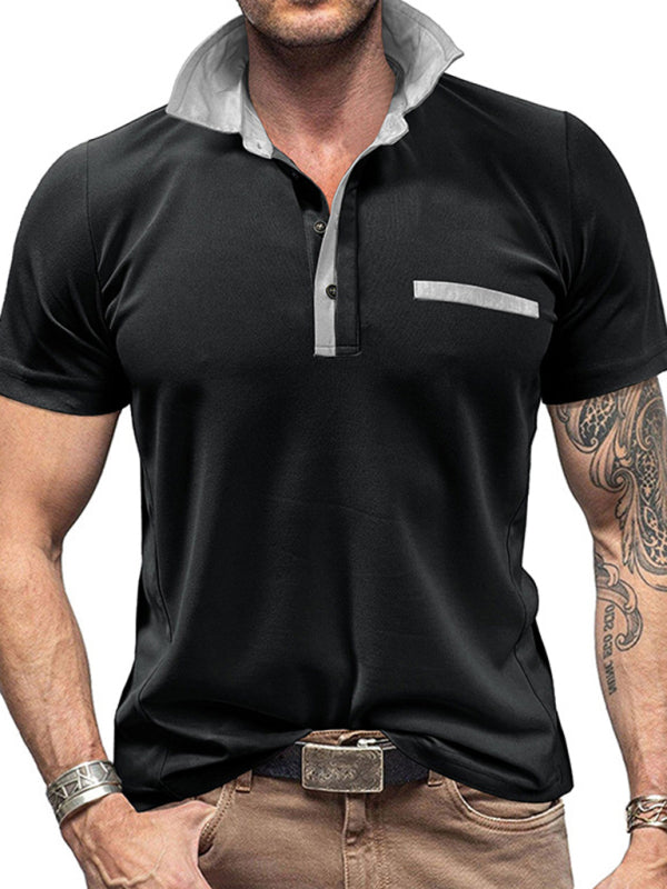 Men’s Casual Lapel Color Block Short Sleeve Polo Shirt - Black / S