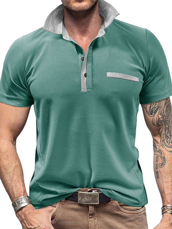 Men’s Casual Lapel Color Block Short Sleeve Polo Shirt - Green / S