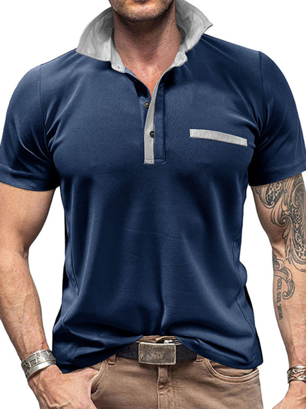 Men’s Casual Lapel Color Block Short Sleeve Polo Shirt - Royal blue / S