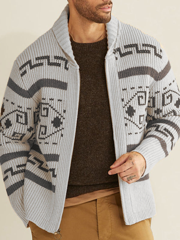 Men’s casual lapel jacquard knitted jacket