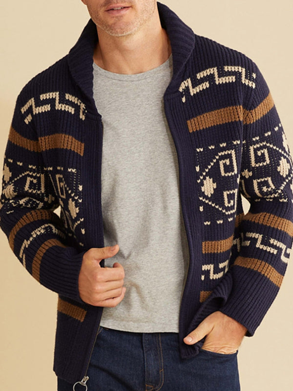 Men’s casual lapel jacquard knitted jacket - Blue / S