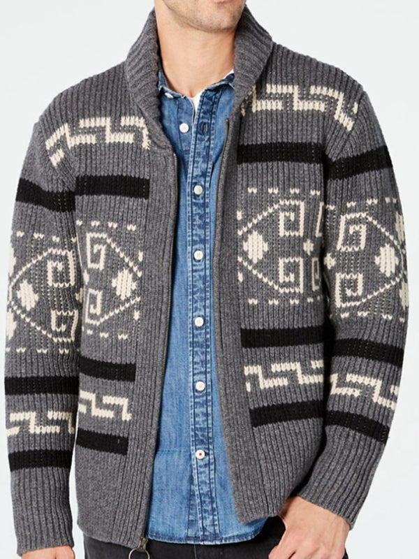 Men’s casual lapel jacquard knitted jacket - Grey / S