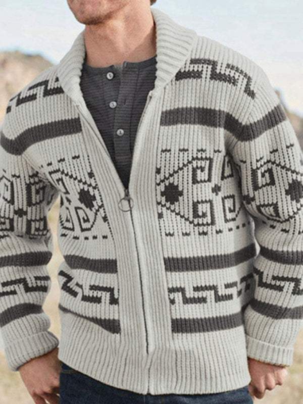 Men’s casual lapel jacquard knitted jacket - Khaki / S