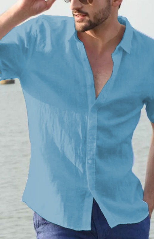 Men’s Casual Linen Lapel Button Short-Sleeved Shirt