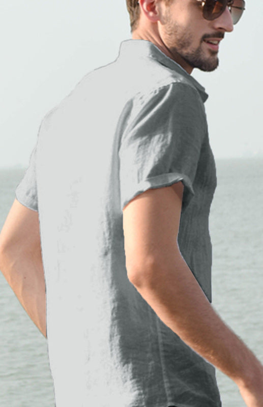 Men’s Casual Linen Lapel Button Short-Sleeved Shirt