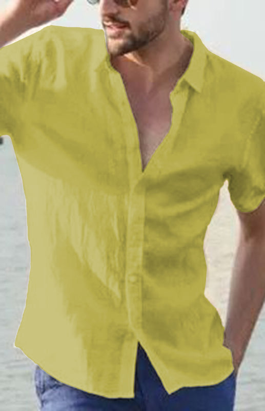 Men’s Casual Linen Lapel Button Short-Sleeved Shirt