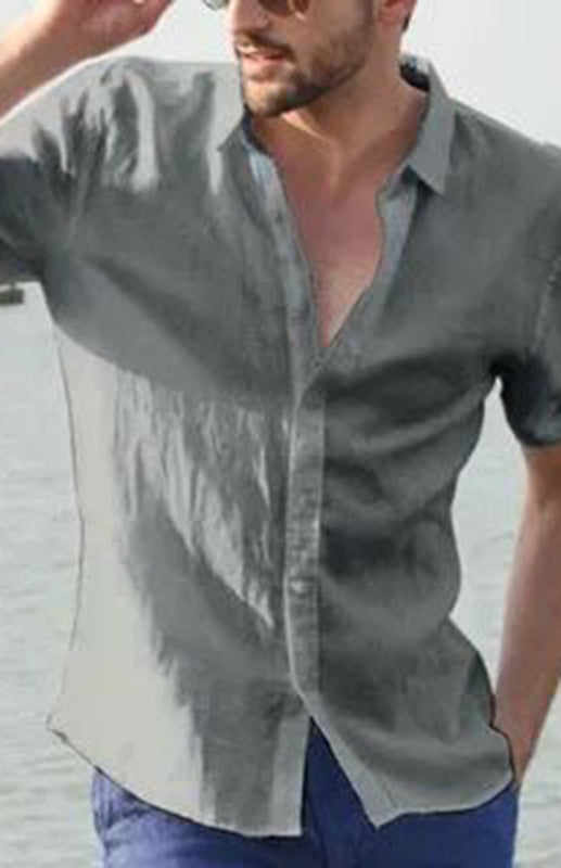 Men’s Casual Linen Lapel Button Short-Sleeved Shirt