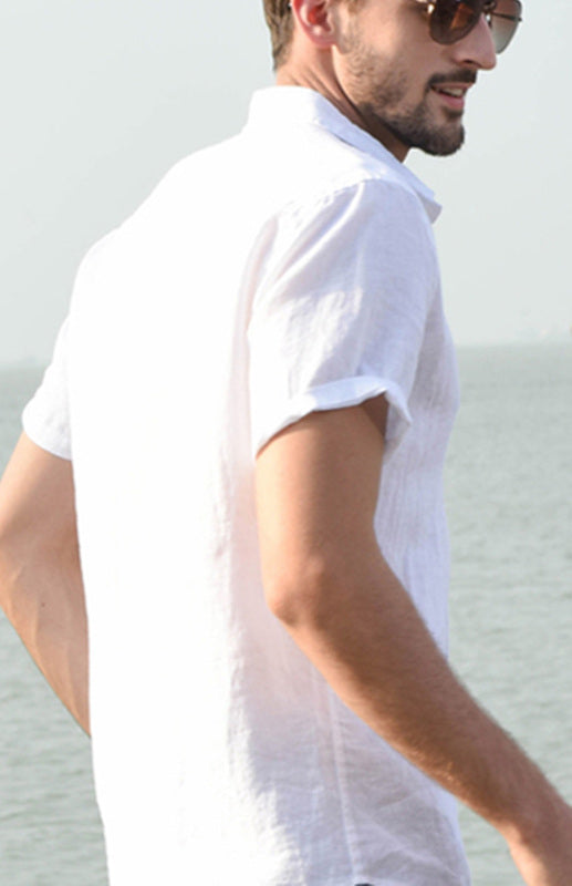 Men’s Casual Linen Lapel Button Short-Sleeved Shirt