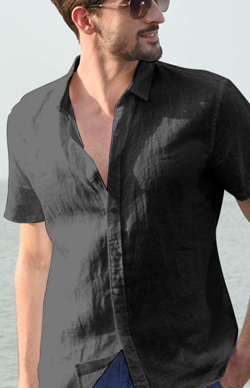 Men’s Casual Linen Lapel Button Short-Sleeved Shirt - Black / S
