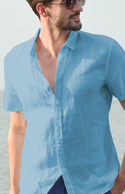 Men’s Casual Linen Lapel Button Short-Sleeved Shirt - Blue / S