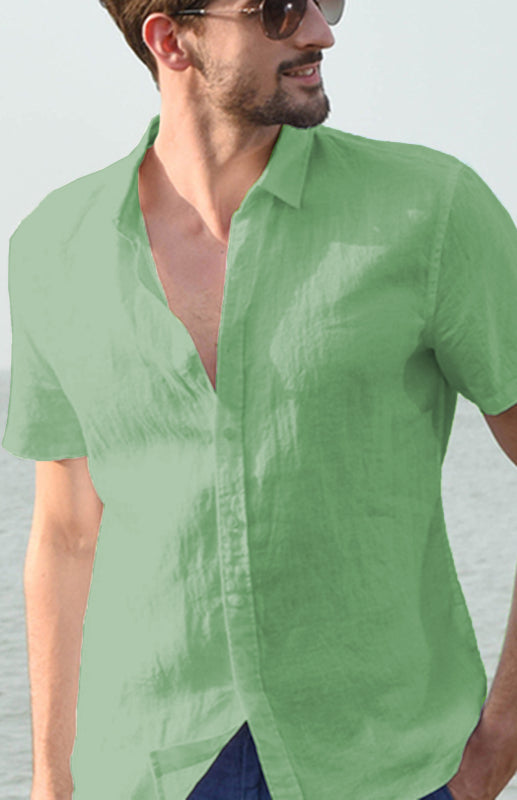 Men’s Casual Linen Lapel Button Short-Sleeved Shirt - Green / S