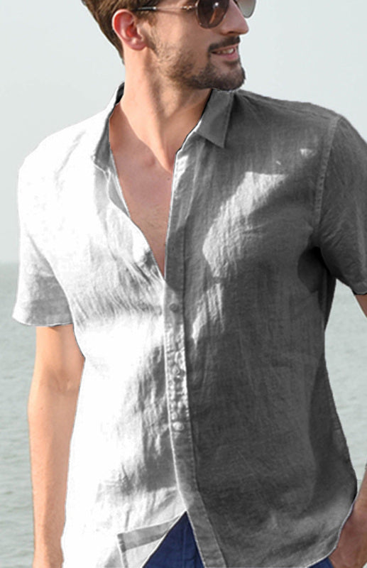 Men’s Casual Linen Lapel Button Short-Sleeved Shirt - Grey / S