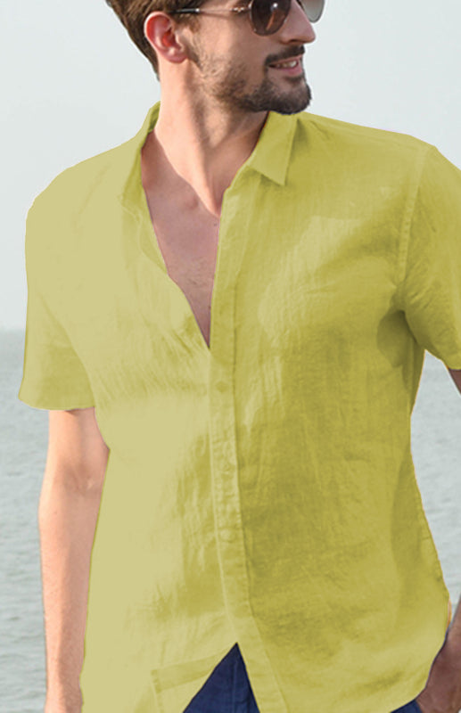 Men’s Casual Linen Lapel Button Short-Sleeved Shirt - Khaki / S