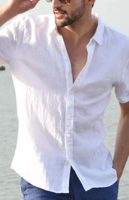 Men’s Casual Linen Lapel Button Short-Sleeved Shirt - Raw white off white / S