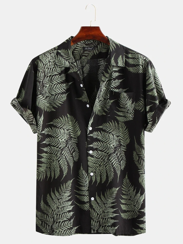 Men’s Casual Loose Beach Wear Maple Leaf Print Short Sleeve Shirt - Black / S