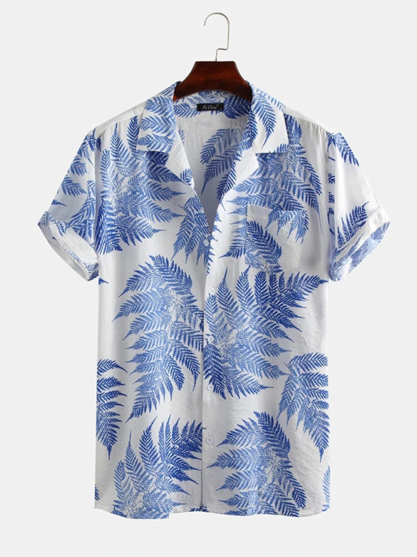 Men’s Casual Loose Beach Wear Maple Leaf Print Short Sleeve Shirt - Clear blue / S