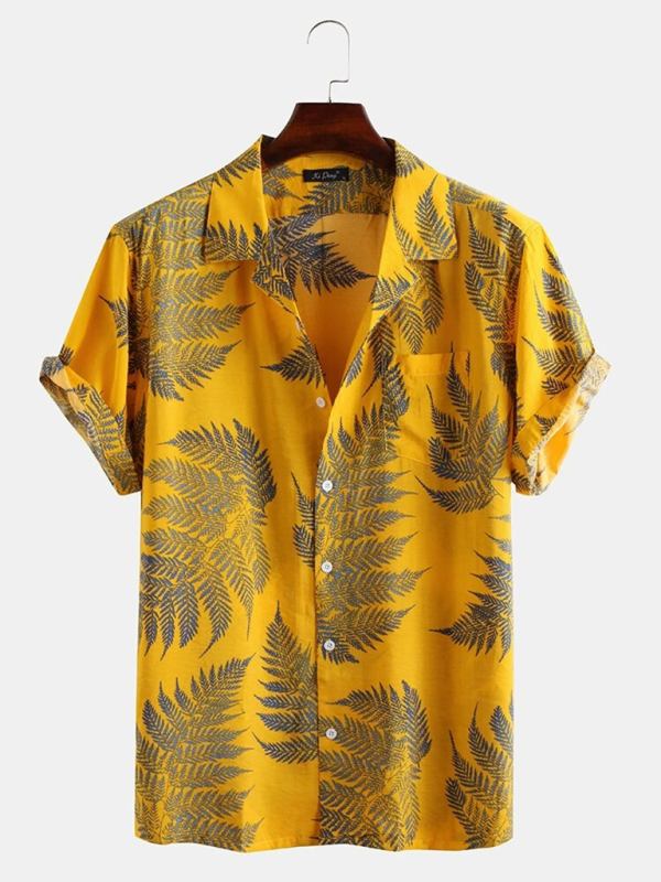 Men’s Casual Loose Beach Wear Maple Leaf Print Short Sleeve Shirt - Yellow / S