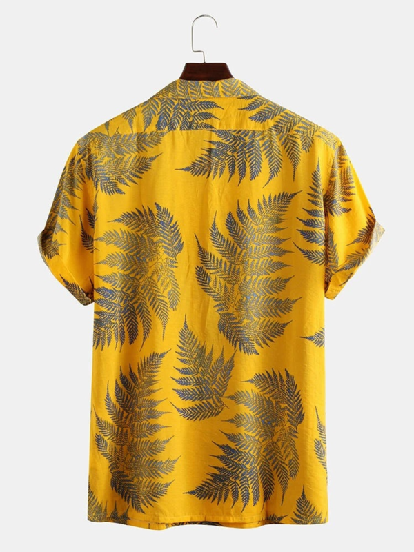 Men’s Casual Loose Beach Wear Maple Leaf Print Short Sleeve Shirt