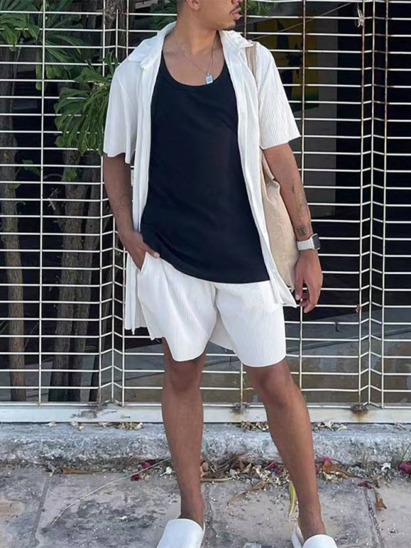 Men’s casual loose beachwear solid color striped short-sleeved suit