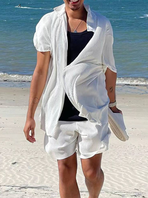 Men’s casual loose beachwear solid color striped short-sleeved suit - White / S