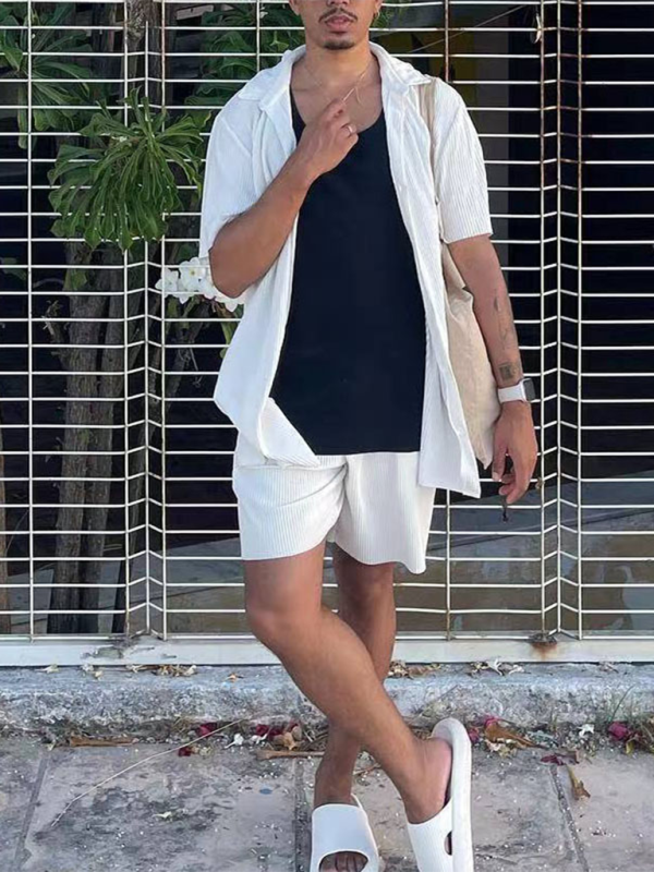 Men’s casual loose beachwear solid color striped short-sleeved suit