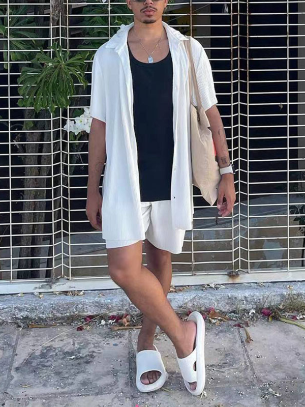 Men’s casual loose beachwear solid color striped short-sleeved suit