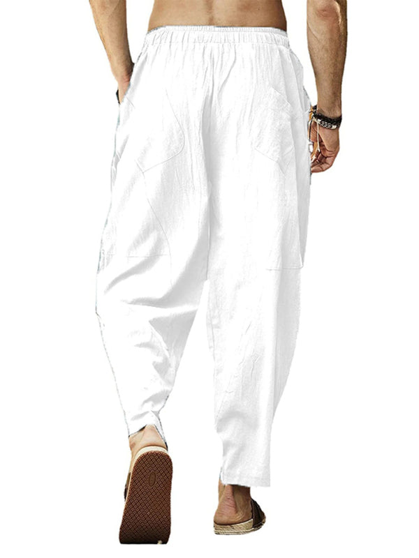 Men’s casual loose cotton and linen drawstring hip-hop lantern pencil pants