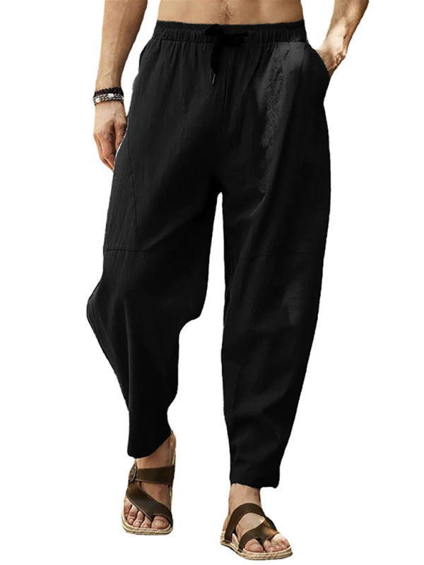 Men’s casual loose cotton and linen drawstring hip-hop lantern pencil pants - Black / M