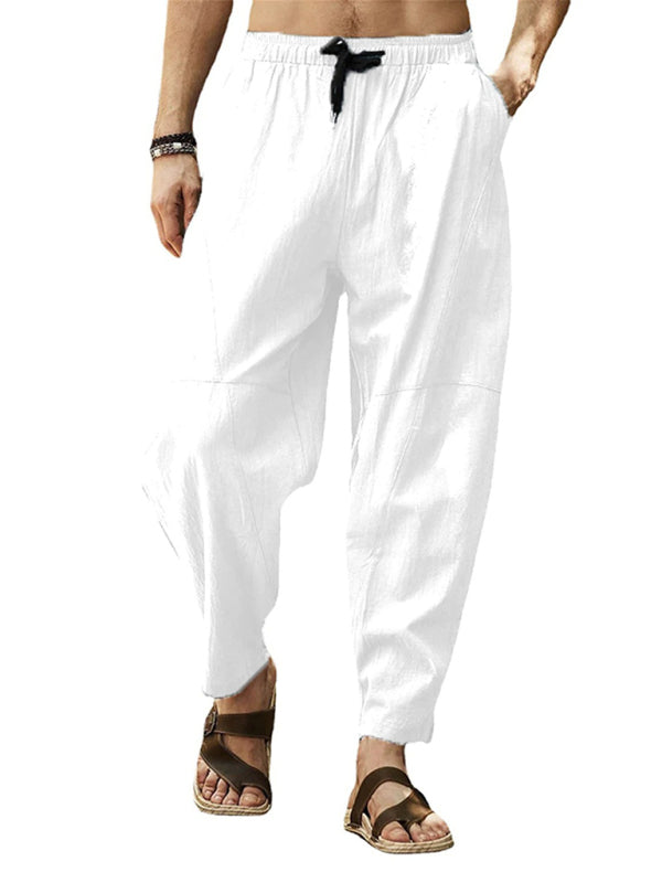 Men’s casual loose cotton and linen drawstring hip-hop lantern pencil pants - White / M