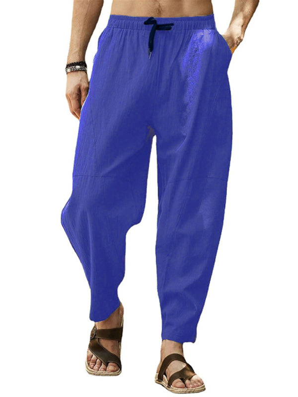 Men’s casual loose cotton and linen drawstring hip-hop lantern pencil pants - Purplish blue navy / M
