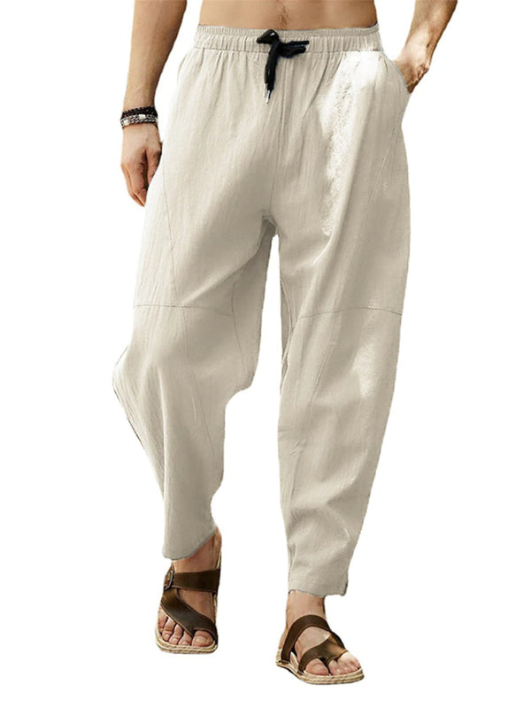 Men’s casual loose cotton and linen drawstring hip-hop lantern pencil pants - Cracker khaki / M