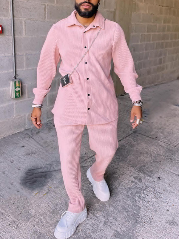 Men’s Casual Loose Long Sleeve Corduroy Pants Suit